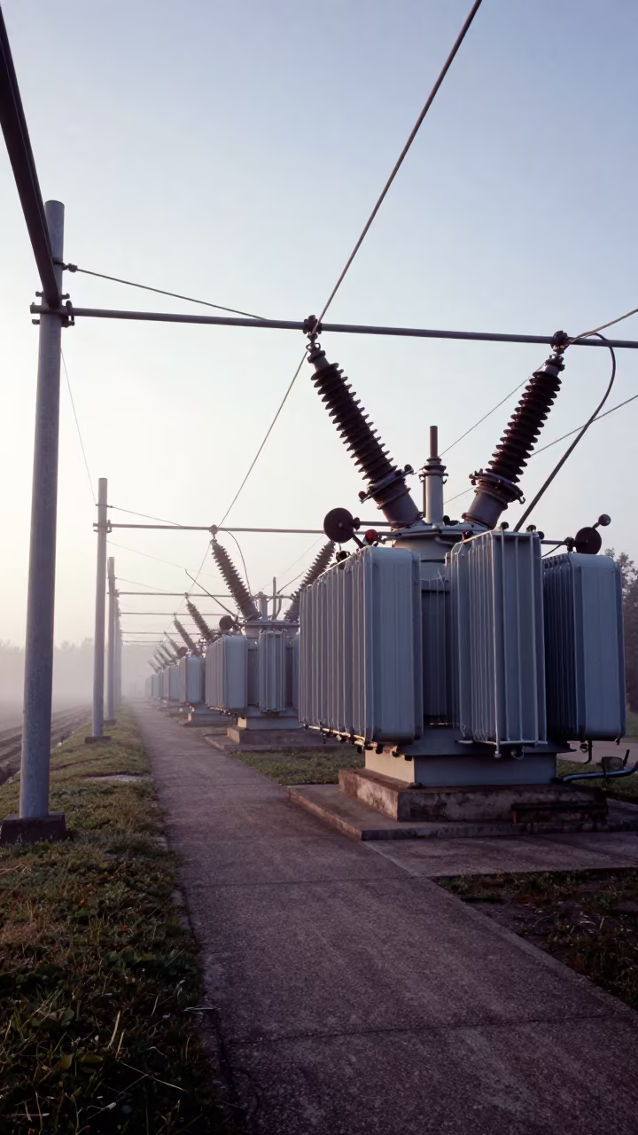 Foggy Dawn Transmission Corridor Low Angle in along a levee path above floodwater in Estonia