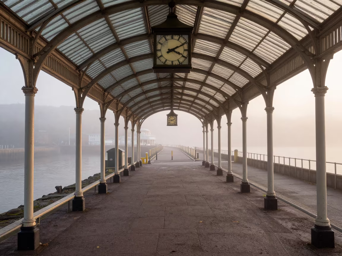 Foggy Harbor Station Clock at Dawn in beside a fogbound harbor mouth in Yorkshire