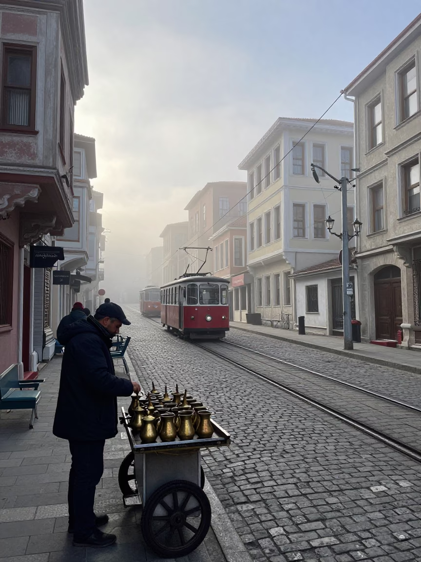 Foggy Istanbul Morning Street Scene with Funicular Railway and Traditional Coffee Stall Before Sunrise in in Istanbul, Turkey