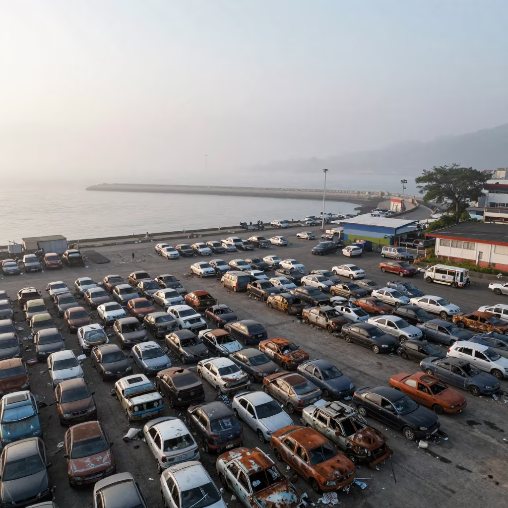 Foggy Junkyard Drone View Crushed Cars Dawn in beside a fogbound harbor mouth near Caracas