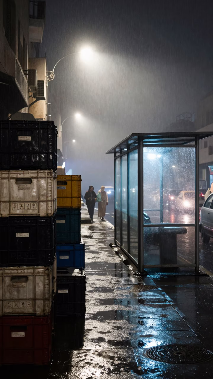 Foggy Kuwait Alley Night Delivery Crates in beside a steamed-up bus shelter in Kuwait City