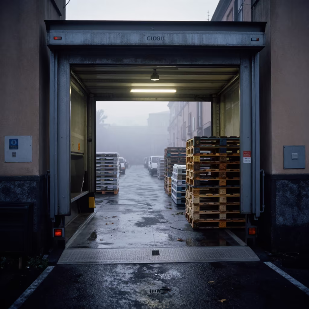 Foggy Loading Dock in Chiaia Naples Morning in at a delivery depot loading bay in Chiaia, Naples