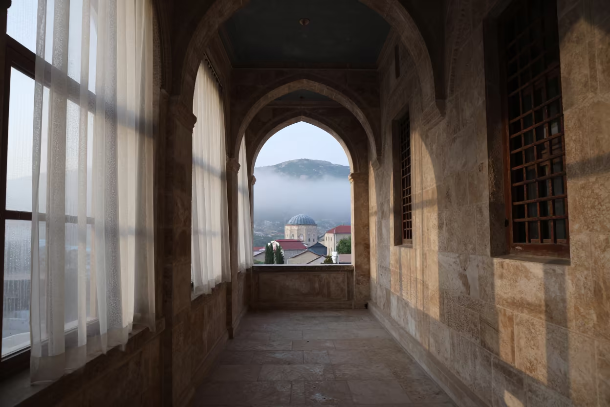 Foggy Monastery Corridor Morning Light in along a monastery corridor in Kayseri