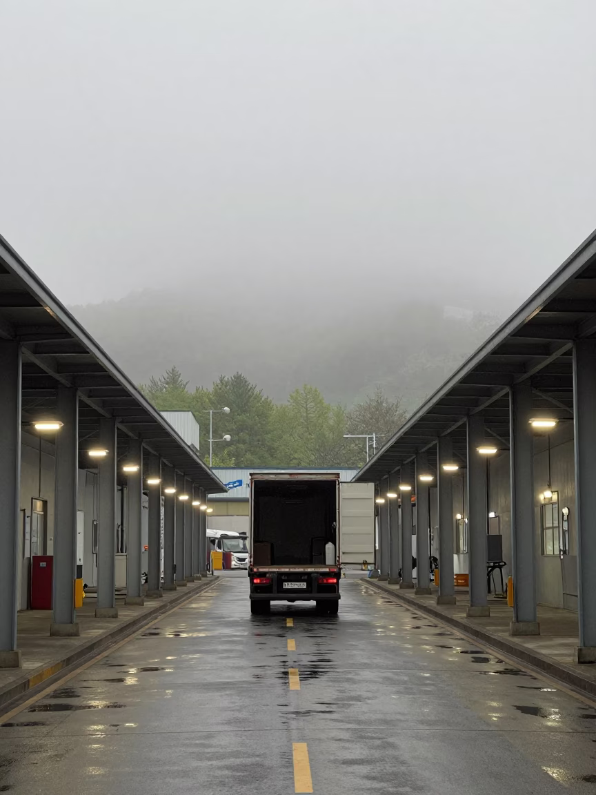 Foggy Morning Loading Dock in Busan in beside a cross-dock lane under dock lights in Huinnyeoul, Busan