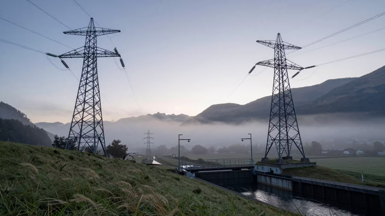 Foggy Valley Below Transmission Towers Ridge Dawn in at a canal lock chamber in Interlaken