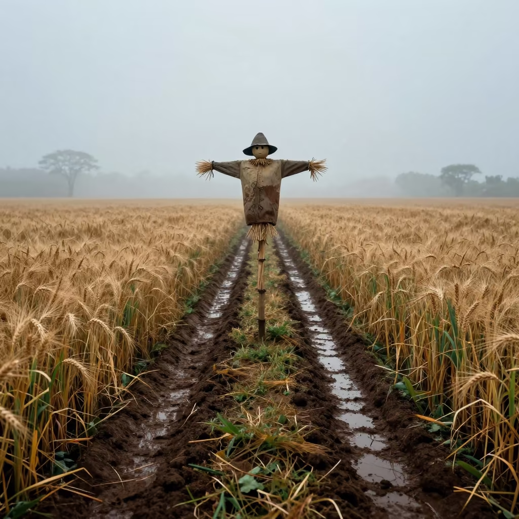 Foggy Wheat Field Scarecrow Ethiopia Dawn in beside a tractor track through dark soil in Ethiopia