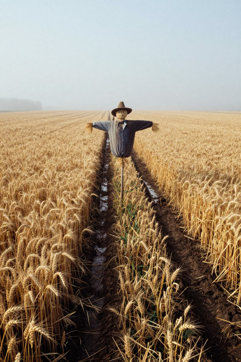 Foggy Wheat Field Scarecrow Low Angle in beside a tractor track through dark soil in Slovakia