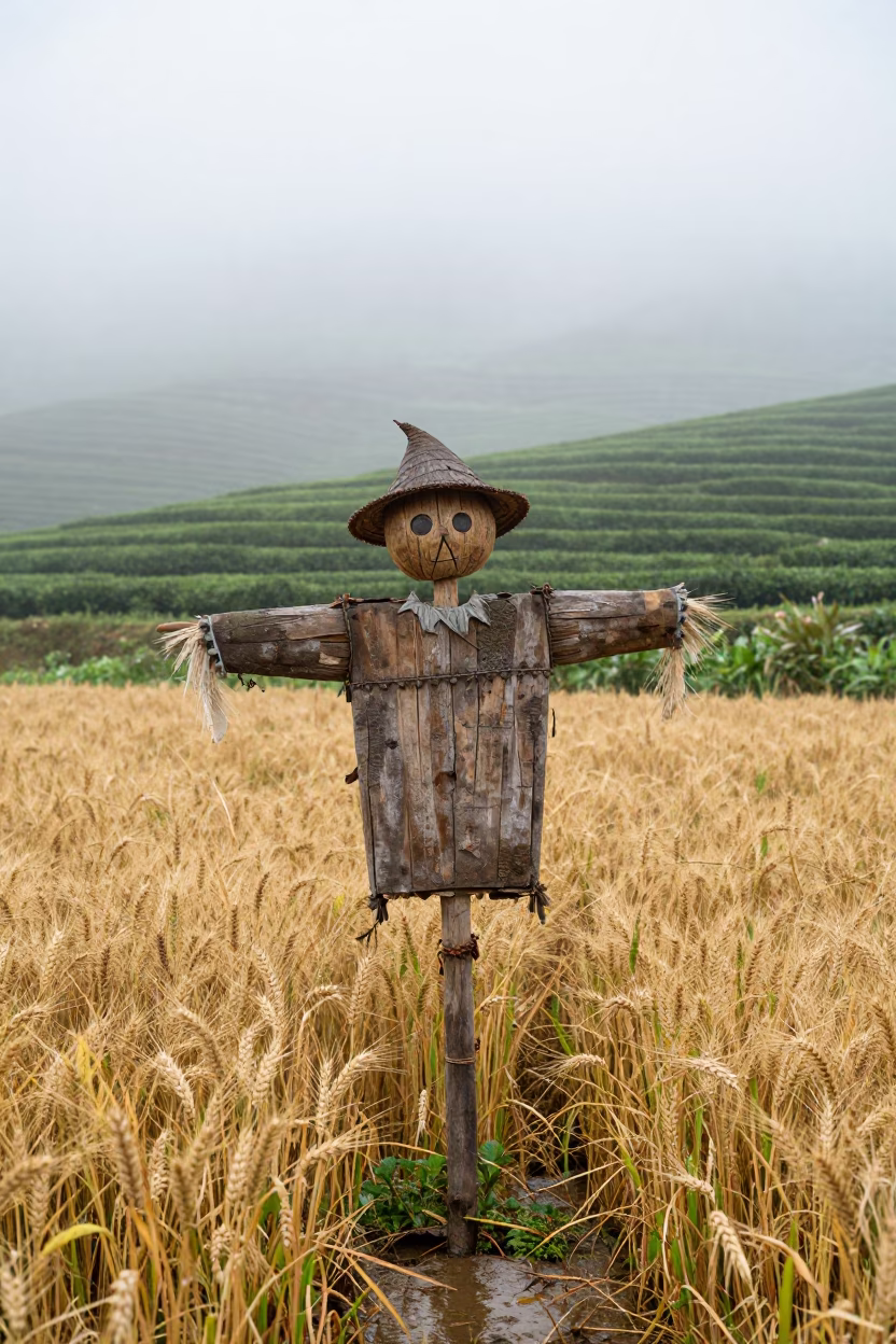 Foggy Wheat Field Scarecrow Yulin Tea Plantation in at the edge of a tea plantation in Yulin, Chengdu