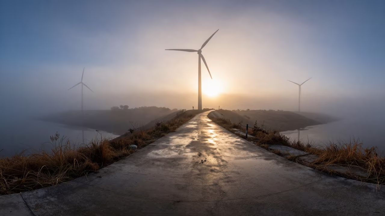 Foggy Wind Farm Road Sunset Glow in along a levee path above floodwater near Bradford
