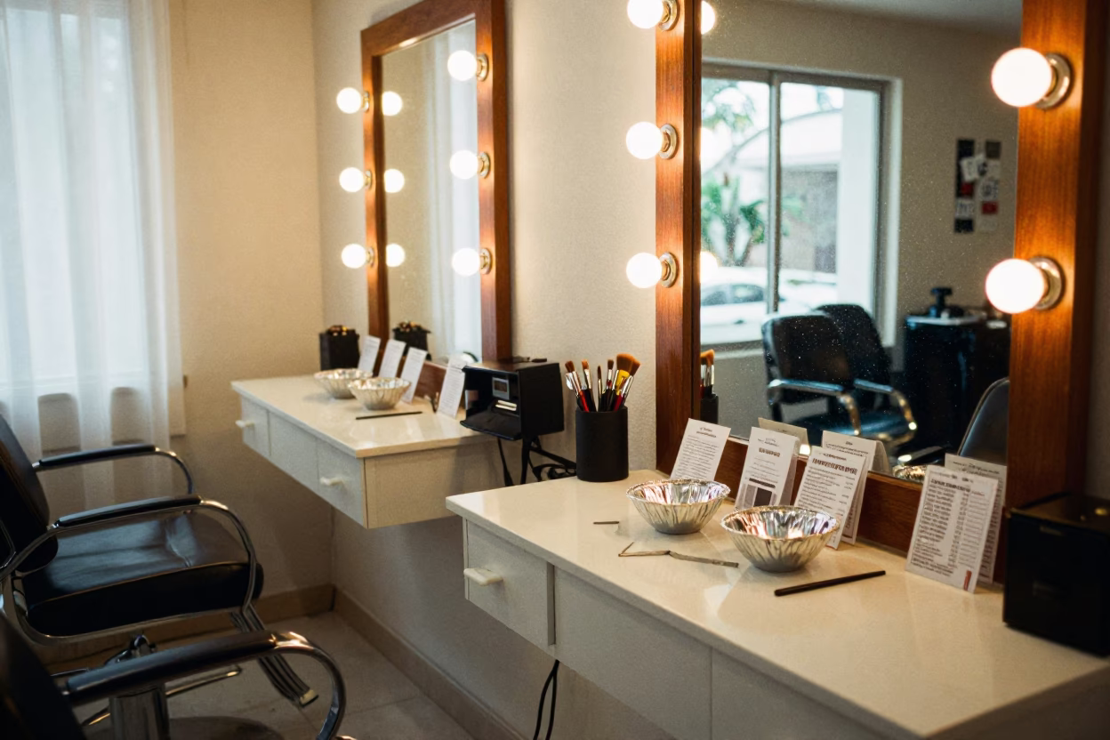 Foil Bowls and Brushes at Playa Salon Station in at a barber station beneath mirror bulbs near Playa del Carmen
