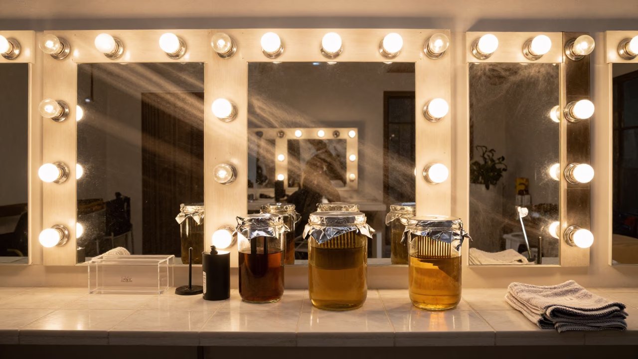 Foil Comb Soak Jar in Kaohsiung Barber Station in at a barber station beneath mirror bulbs in Kaohsiung