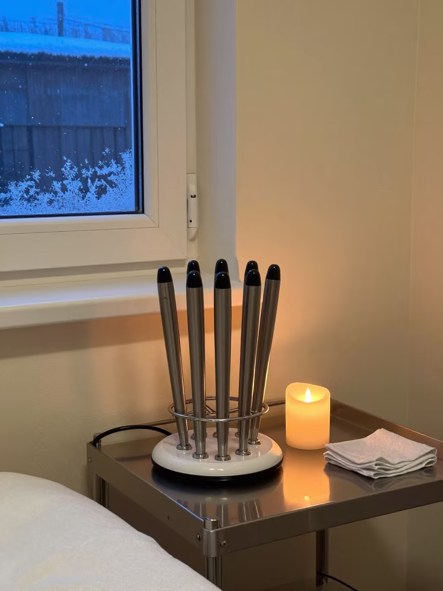 Foil Dispenser Rack in Bordeaux Winter Twilight in inside a skincare treatment room in Bordeaux