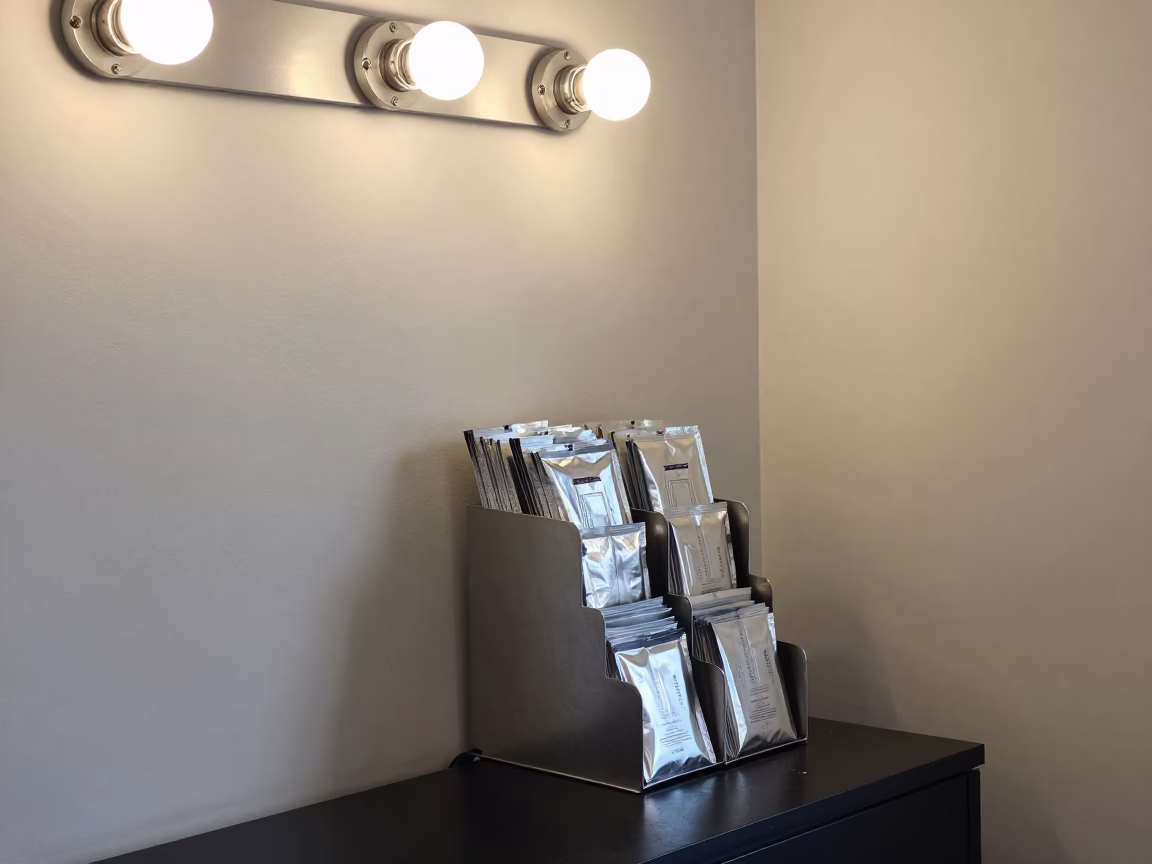 Foil Dispenser Rack at Kunming Barber Station in at a barber station beneath mirror bulbs in Kunming