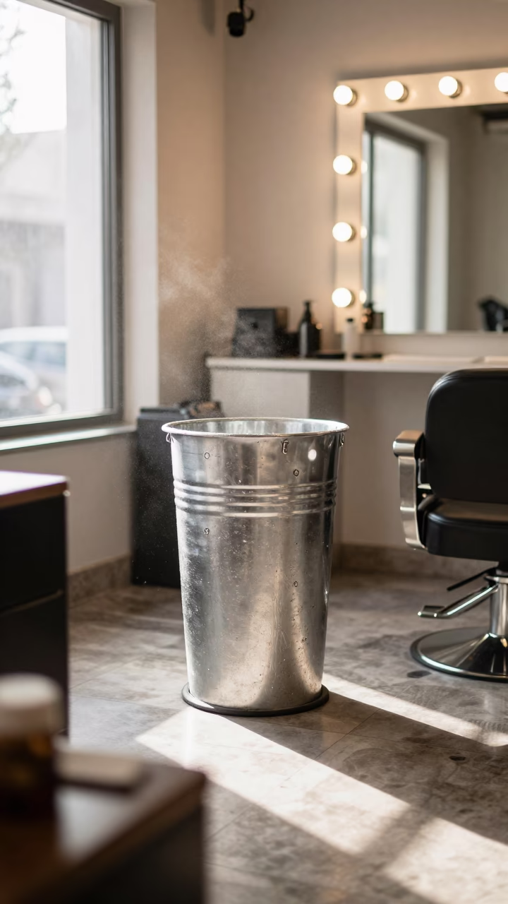 Foil Pail at Barber Station in Hyderabad in at a barber station beneath mirror bulbs in Hyderabad