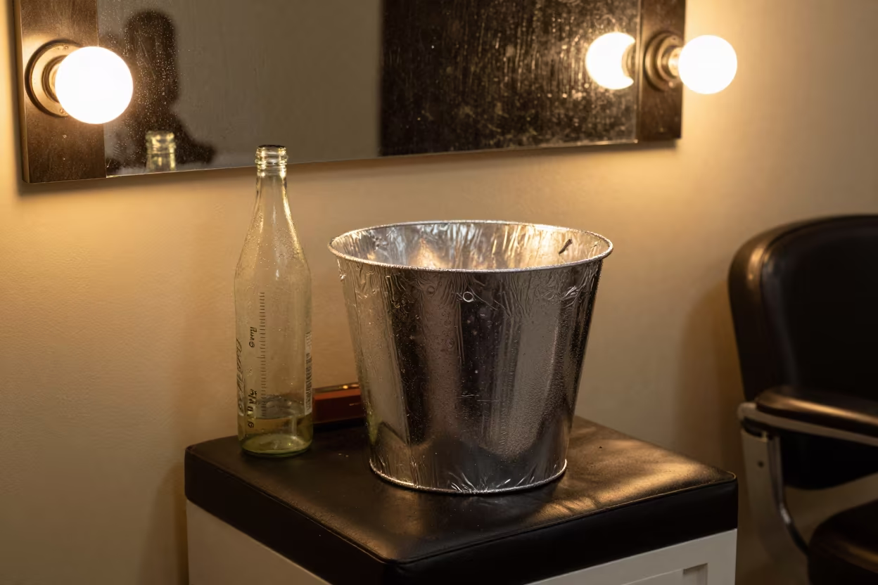 Foil Recycling Pail at Detroit Barber Station in at a barber station beneath mirror bulbs in Detroit