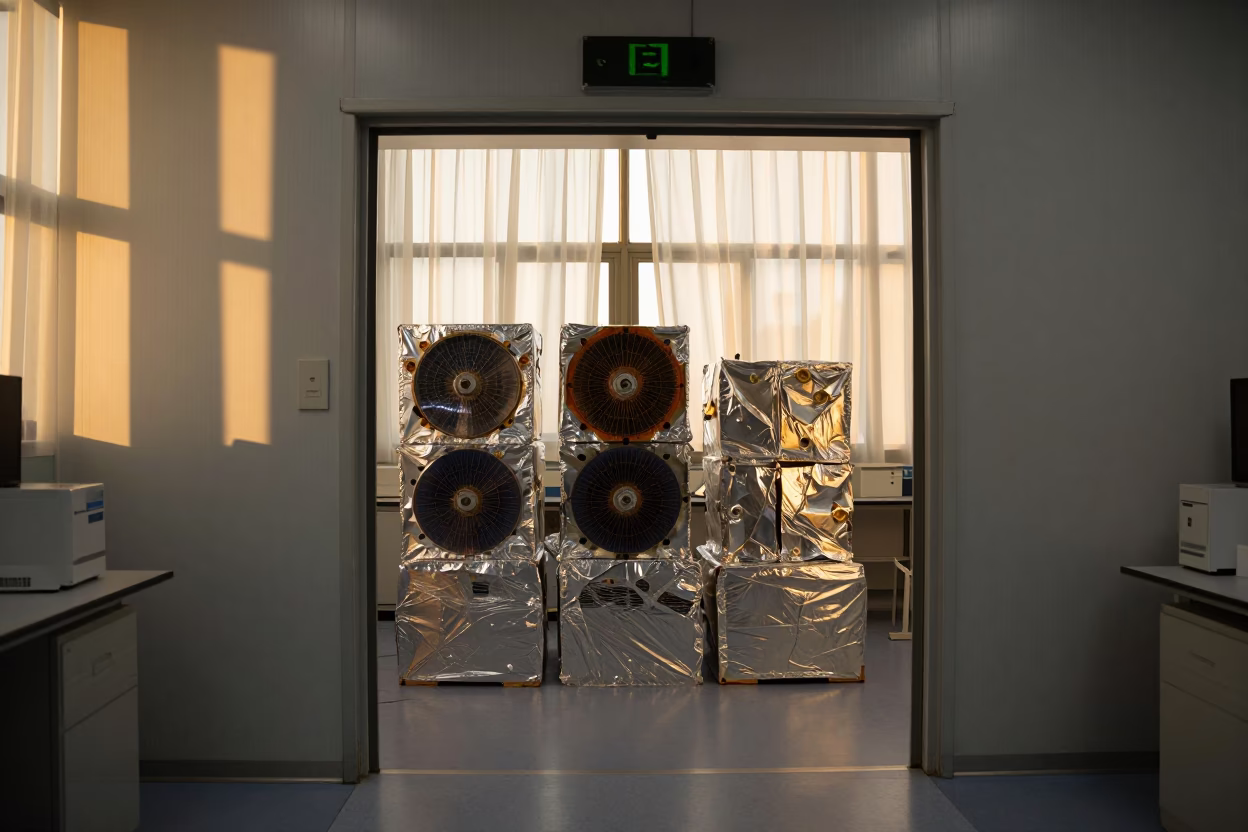 Foil Wrapped Satellite Parts in Lab in in a bright laboratory near Innsbruck