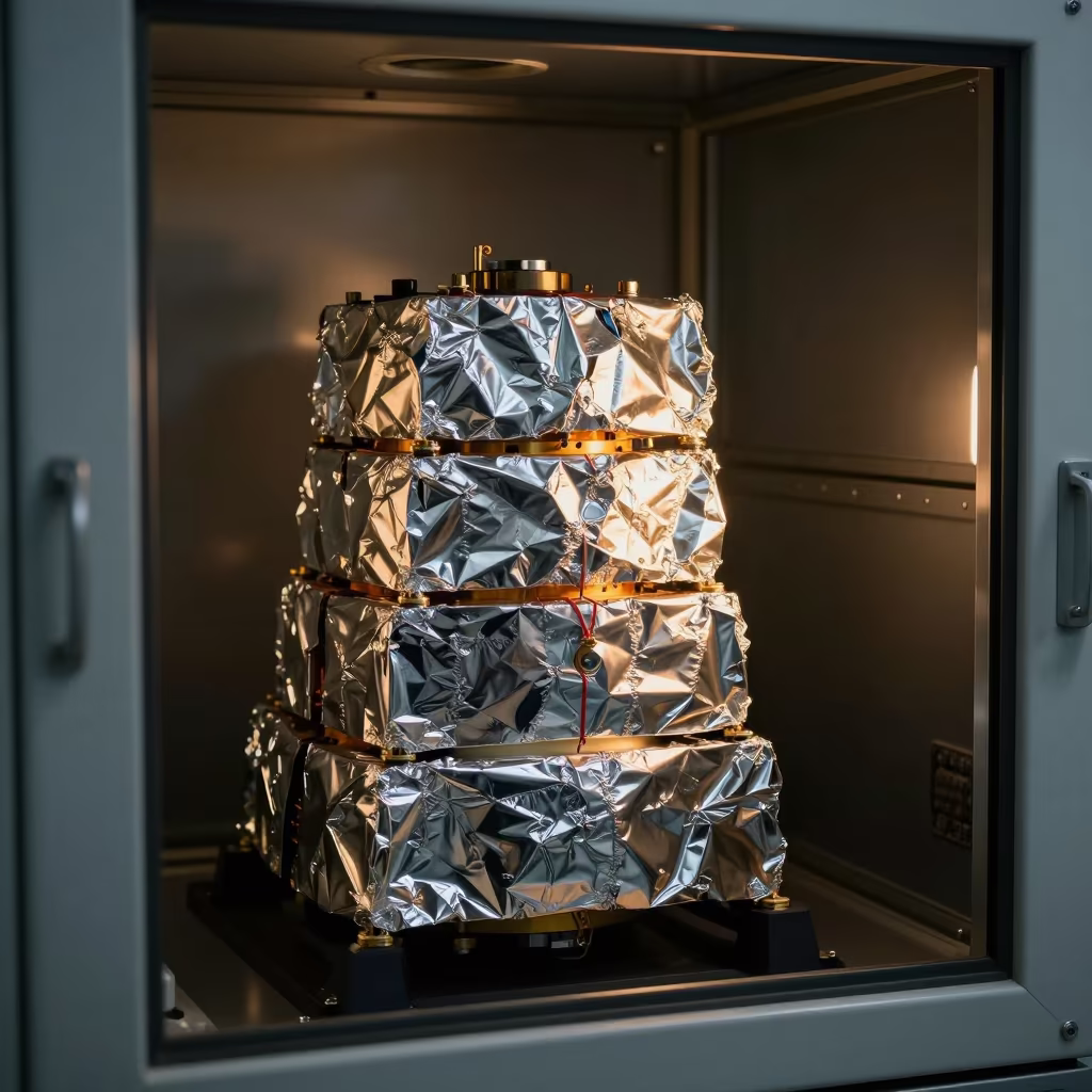 Foil Wrapped Satellite Parts in Lab in in a bright laboratory near Almaty