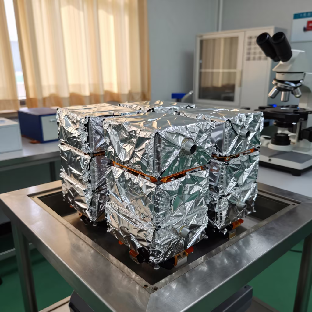 Foil Wrapped Satellite Parts Microscopy Bench Lhasa in at a microscopy bench near Jokhang Square, Lhasa