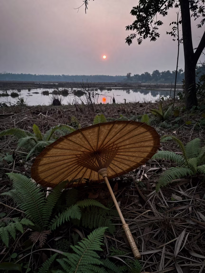 Folded Bamboo Parasol on Fern Forest Floor in on a fern-lined forest floor in West Bengal