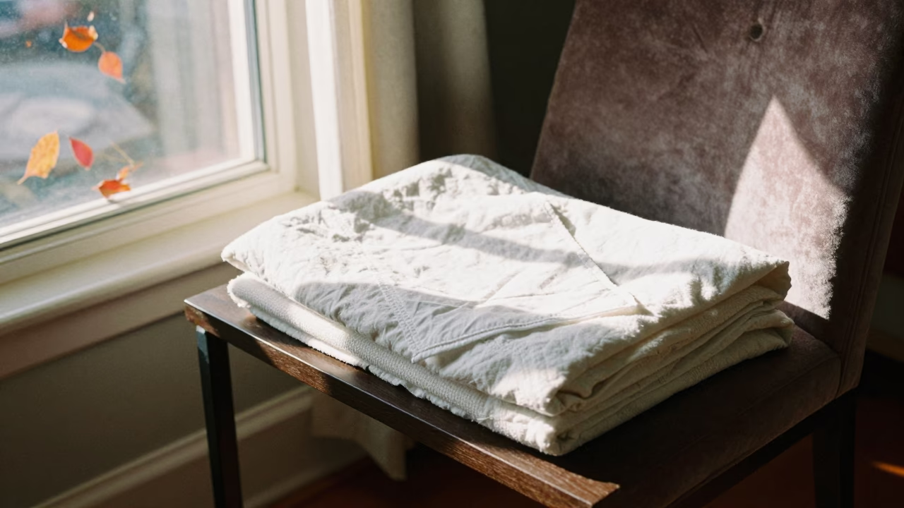 Folded Blanket Shelf with Handkerchief in on a velvet chair in Nelspruit