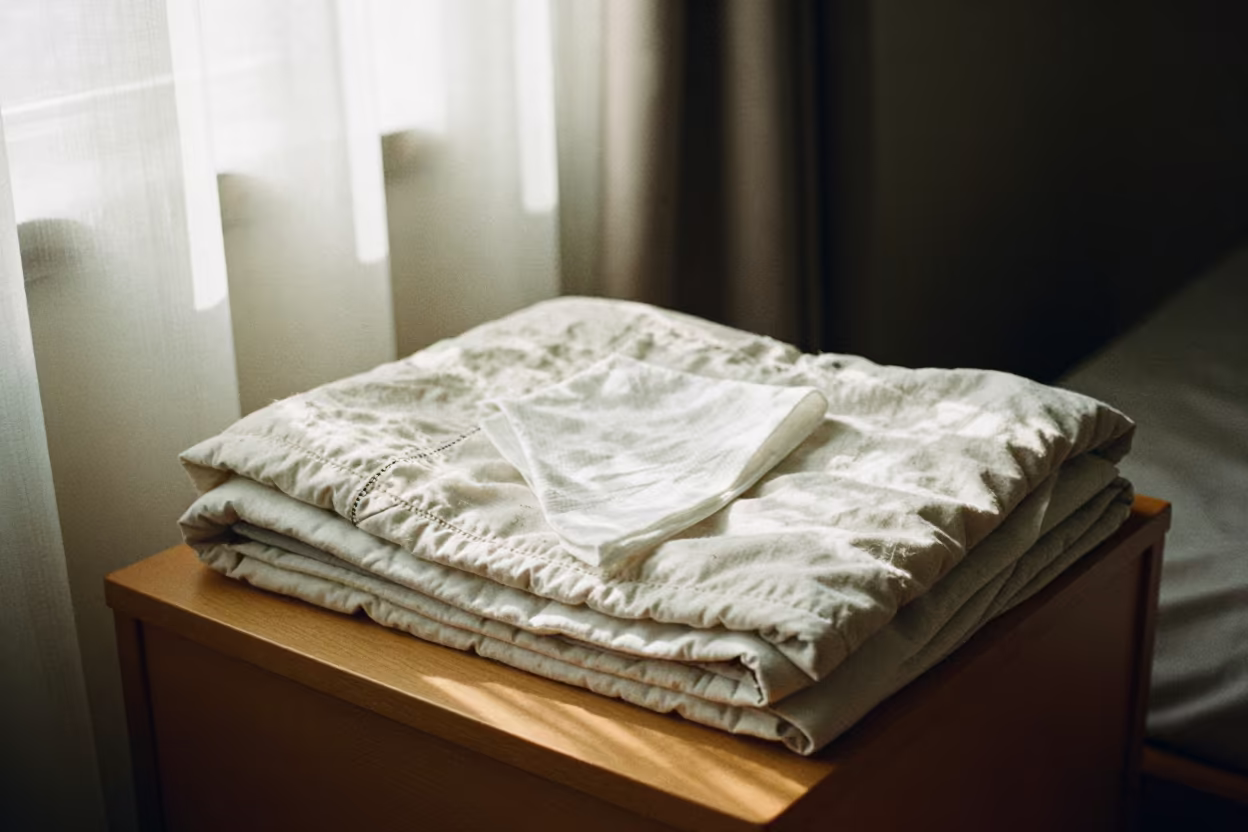 Folded Blanket Shelf with Handkerchief in Yokohama in on a bedside table in Yokohama