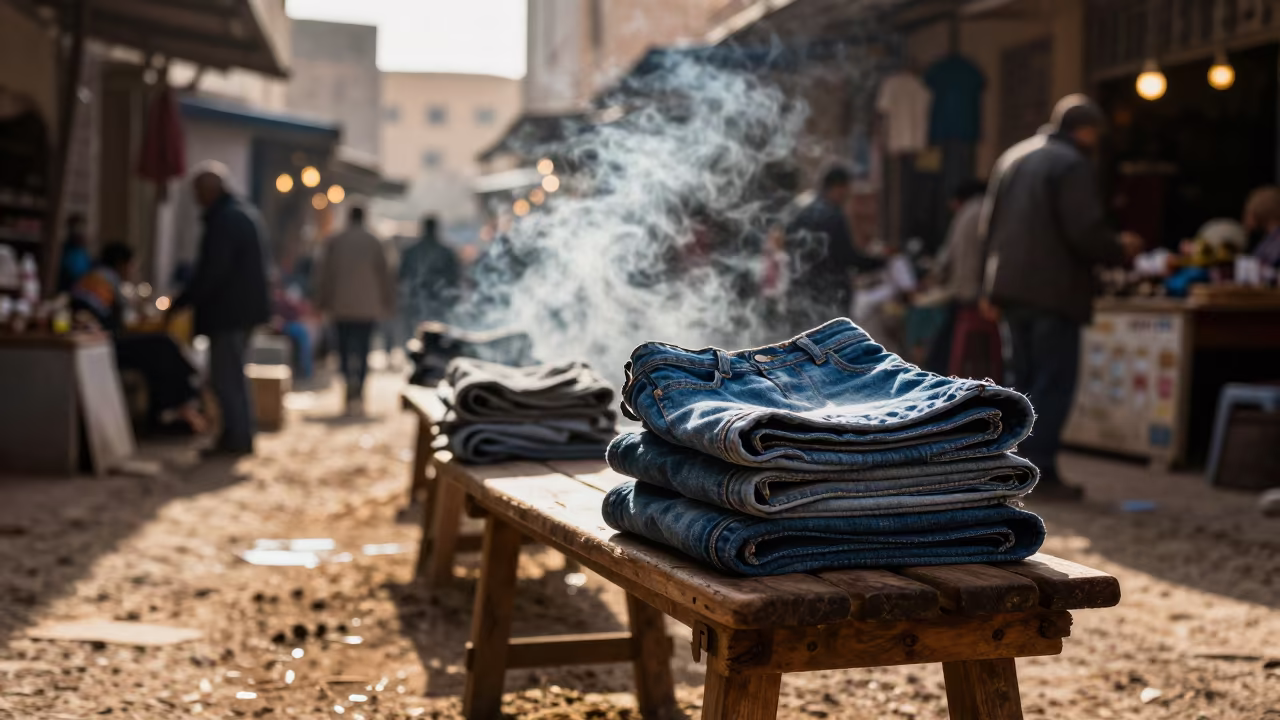 Folded Denim on Auction Bench with City Lights in at a flower auction bench in Kenitra