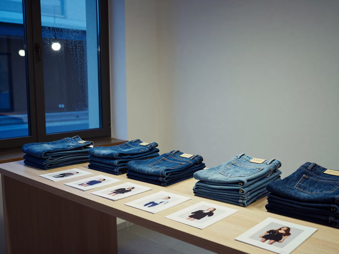 Folded Denim and Cast Cards on Table in inside a minimalist showroom in Varos, Split