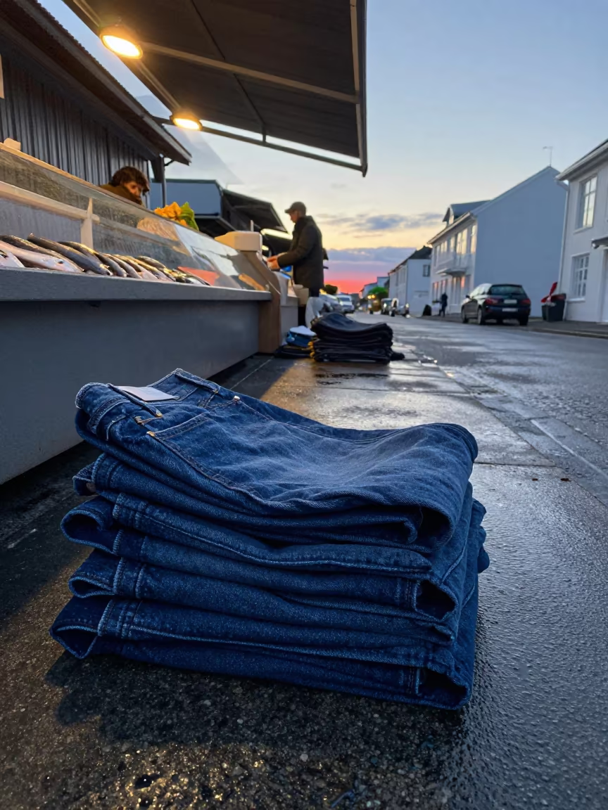 Folded Denim on Fish Market Slab in beside a fish counter in Reykjavik