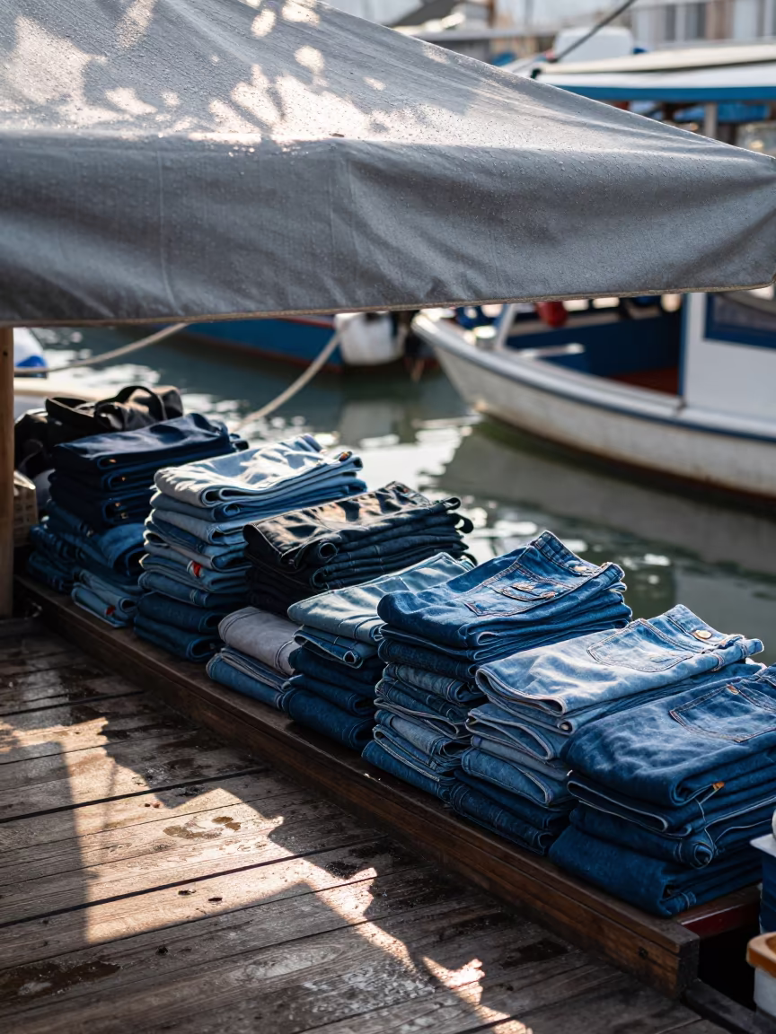 Folded Denim Flea Market on Ulsan Floating Boat in at a floating market boat in Ulsan