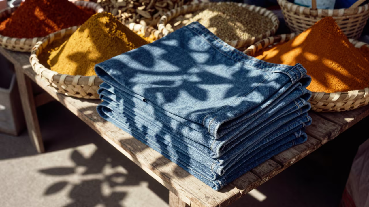 Folded Denim on Market Slab Under Dappled Light in at a market stall in Hama