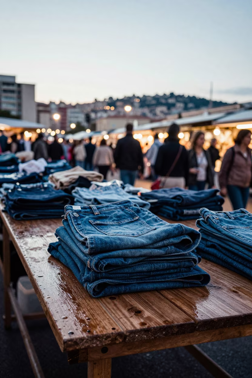Folded Denim Market Stall Cannes After Rain in at a market stall in Cannes