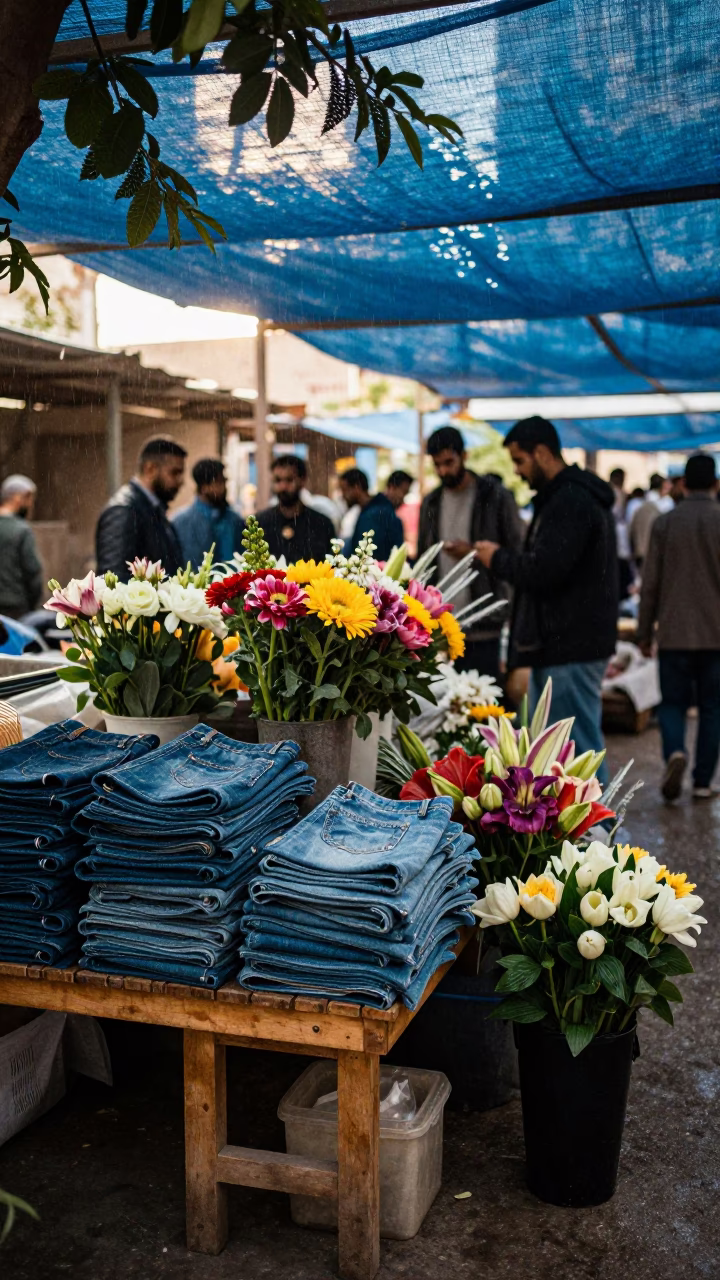 Folded Denim Stacks Under Tarpaulin Light in at a flower auction bench in Mansoura