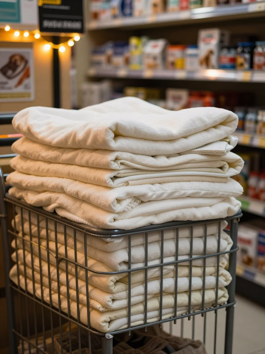 Folded Kennel Bedding in Pet Hotel Cart in inside a pet store aisle in Tabriz