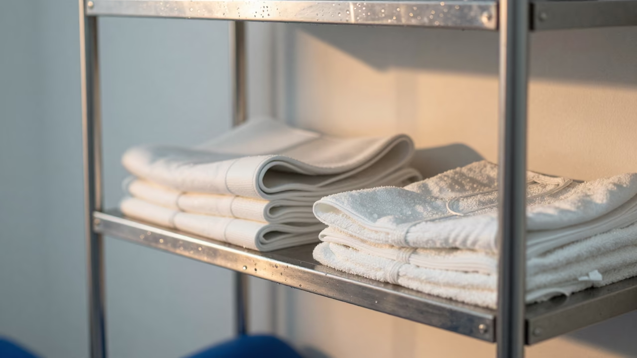 Folded Medical Linens Dawn Restock Shelf in inside a rehabilitation therapy room near Kochi
