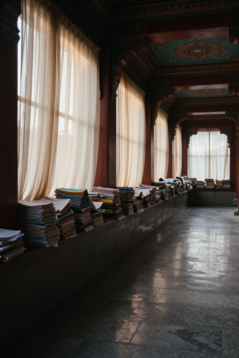 Folded Prayer Cloths in Srinagar Chapel at Dawn in along a monastery corridor in Srinagar