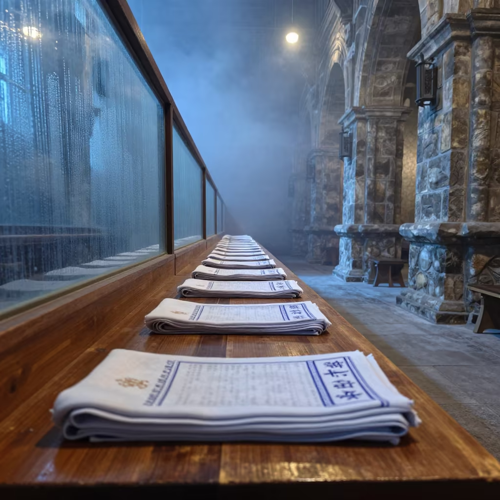 Folded Prayer Cloths in Stone Chapel Dawn in inside a stone chapel in Changchun