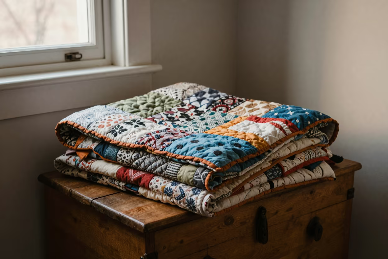 Folded Quilt on Cedar Chest Window Seat in on a window seat in Bor