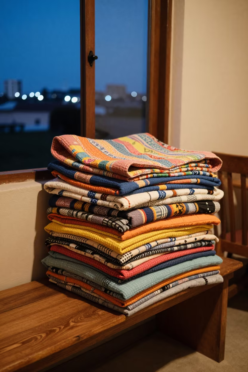 Folded Quilts on Bench in Dar es Salaam Nook in in a breakfast nook near Dar es Salaam