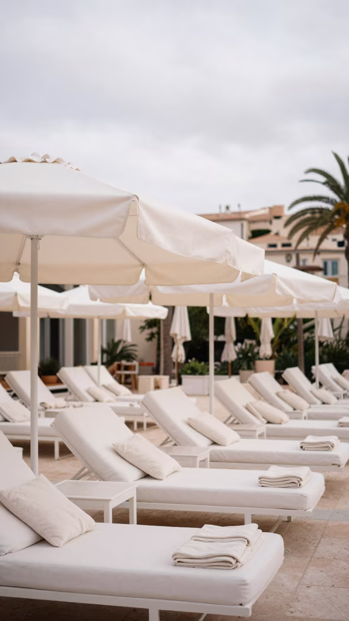 Folded Robes and Cabanas in Marseille Courtyard in in a hotel courtyard prepared for dinner in Marseille