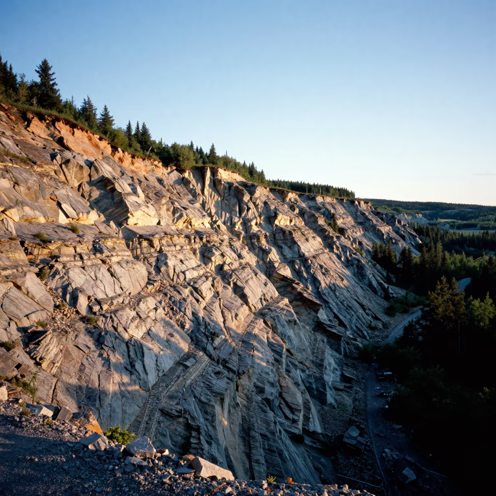 Folded Rock Strata in Canadian Road Cutting at Sunset in in Canada