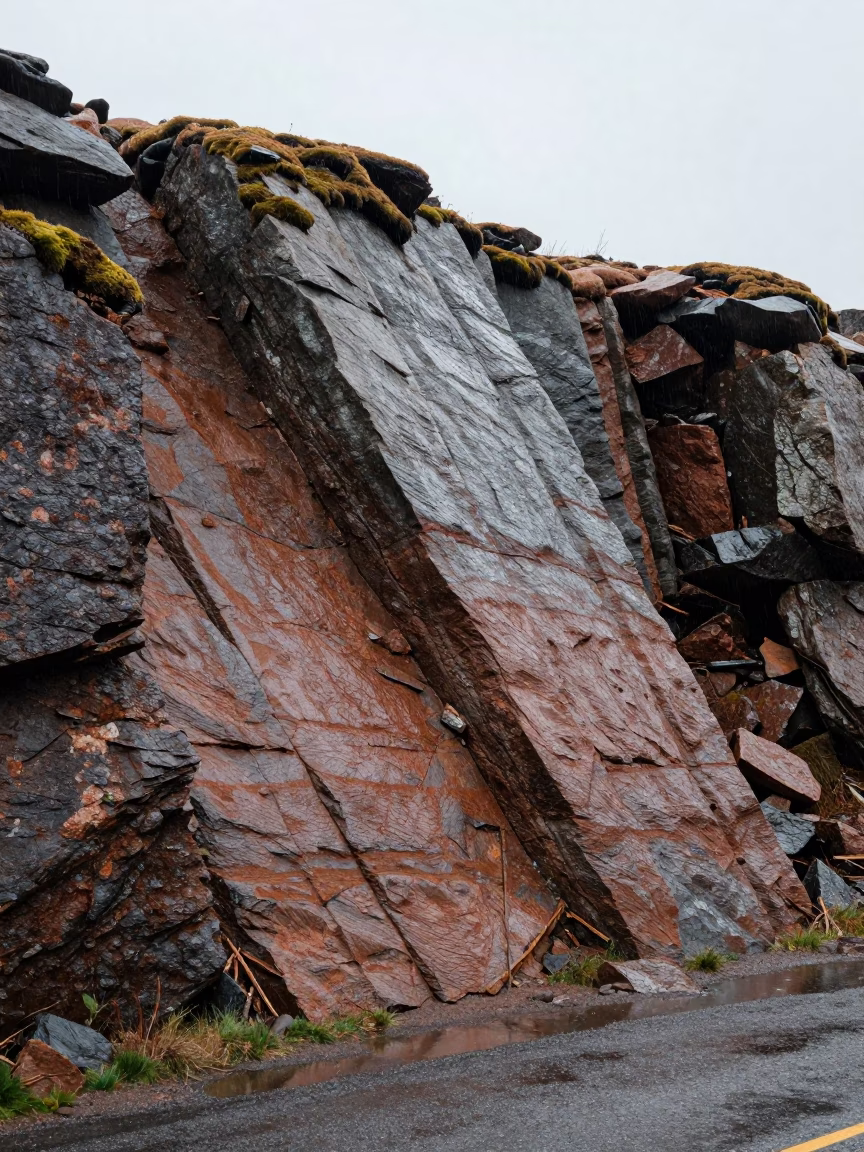 Folded Rock Strata in Newfoundland Road Cutting in in Newfoundland