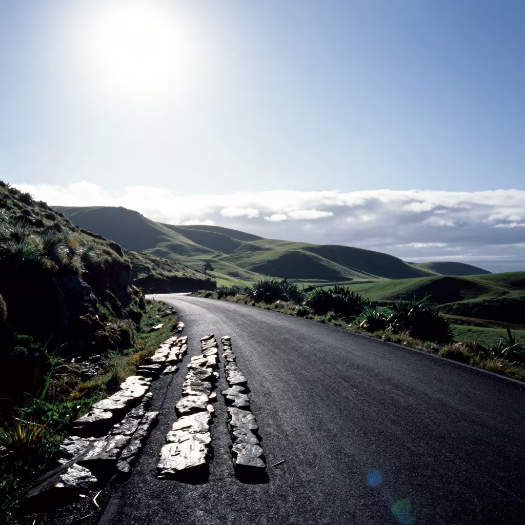 Folded Rock Strata Silhouetted in Late Afternoon Light in from a ridge above layered foothills near Charallave