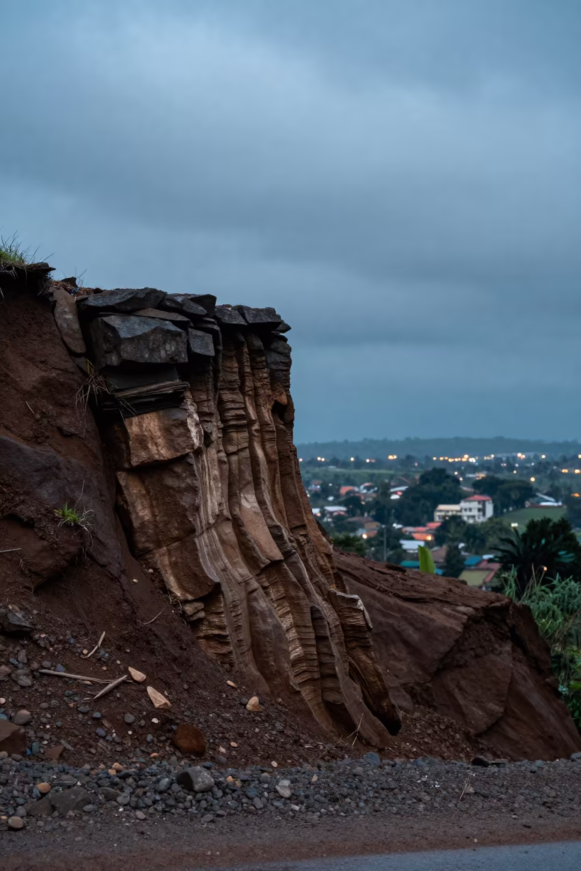 Folded Rock Strata in Wet Season Road Cutting in near Kinshasa