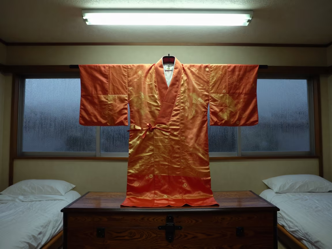 Folded Silk Kimono on Wooden Chest Before Dawn in on a bedside table in Sinfra
