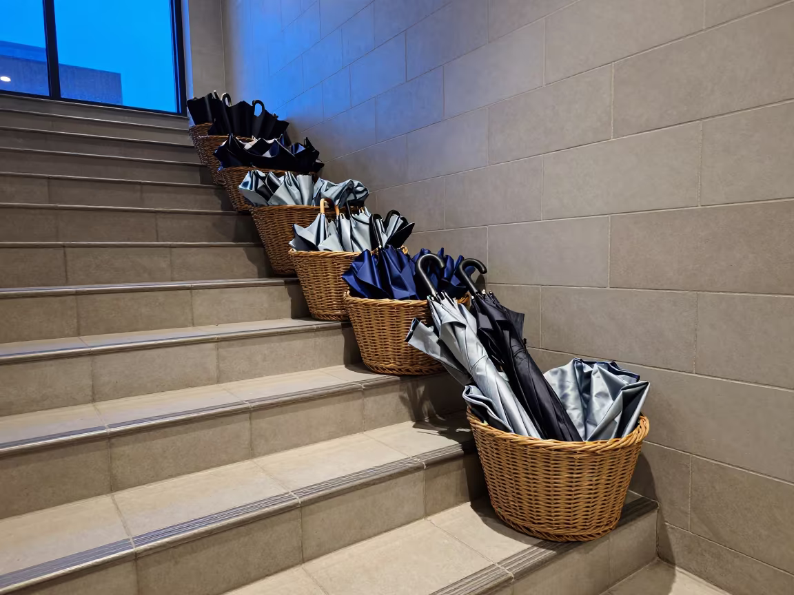 Folded Umbrellas in Blue Twilight Hall in inside a tiled stair hall near Newcastle