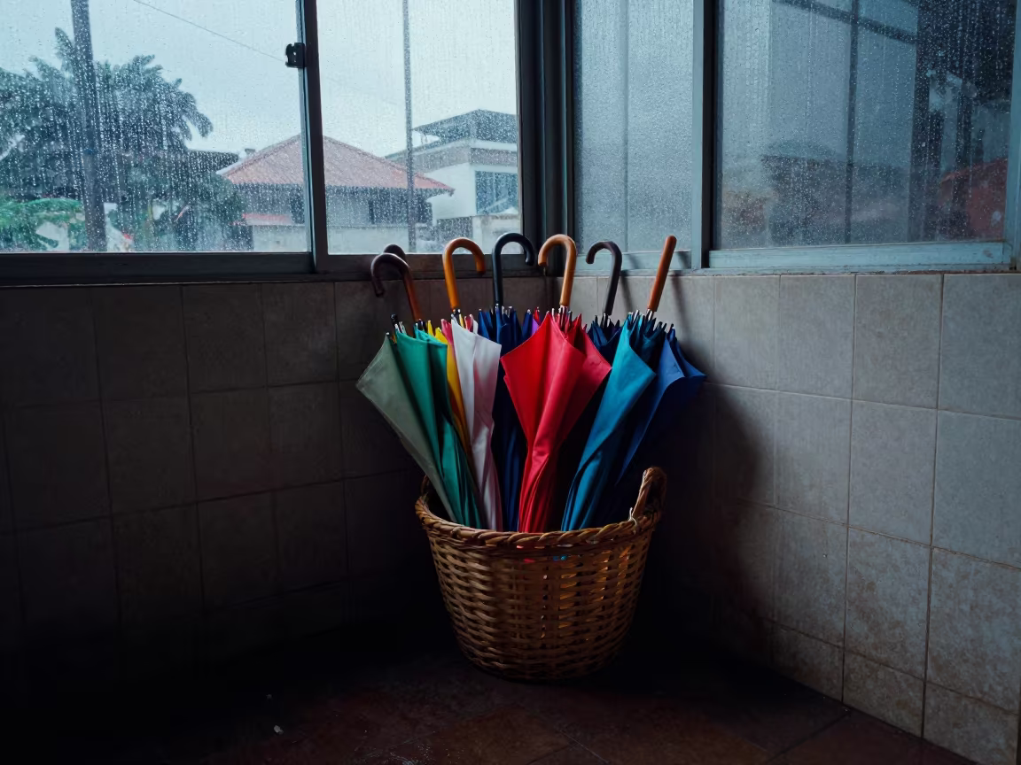 Folded Umbrellas in Cabinda Arcade Dawn in inside a glass-roofed arcade in Cabinda