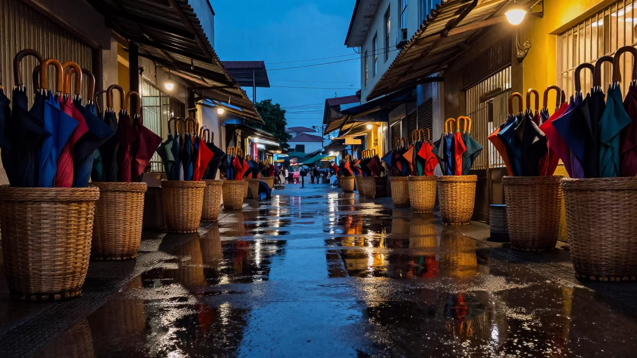 Folded Umbrellas in Callao Market Basket in inside a skylit passageway in Callao, Lima