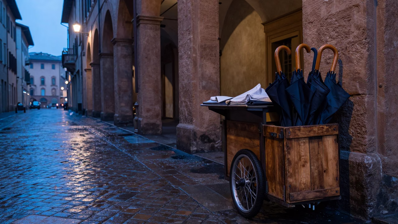 Folded Umbrellas in Bologna in in Bologna, Italy