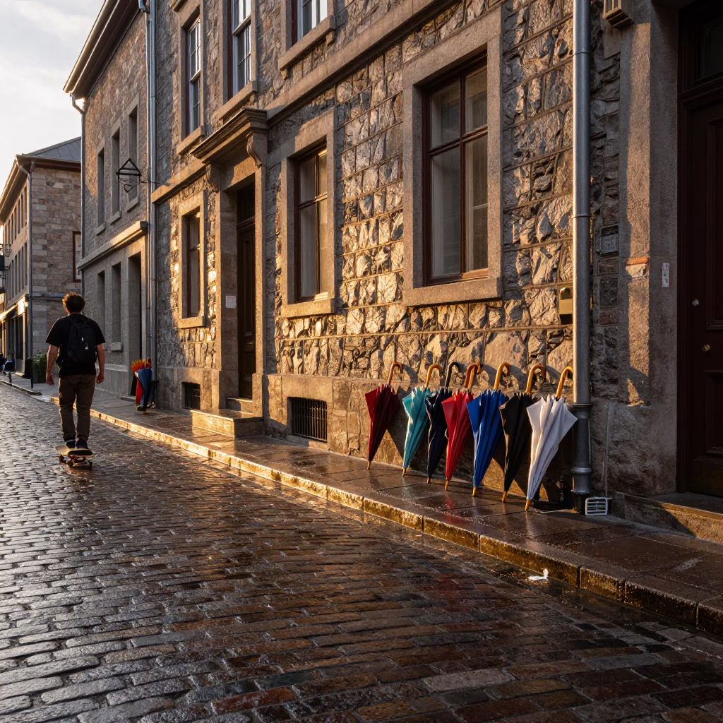 Folded Umbrellas in Montreal in in Montreal, Quebec, Canada