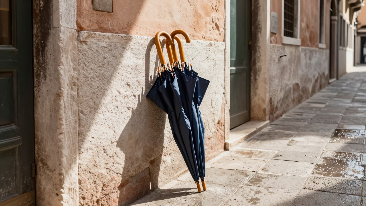 Folded Umbrellas in Venice in in Venice, Italy